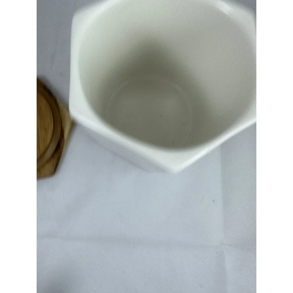 TEAVANA White Hexagon Porcelain Tea Kitchen Storage Canister 6 oz Wooden Lid